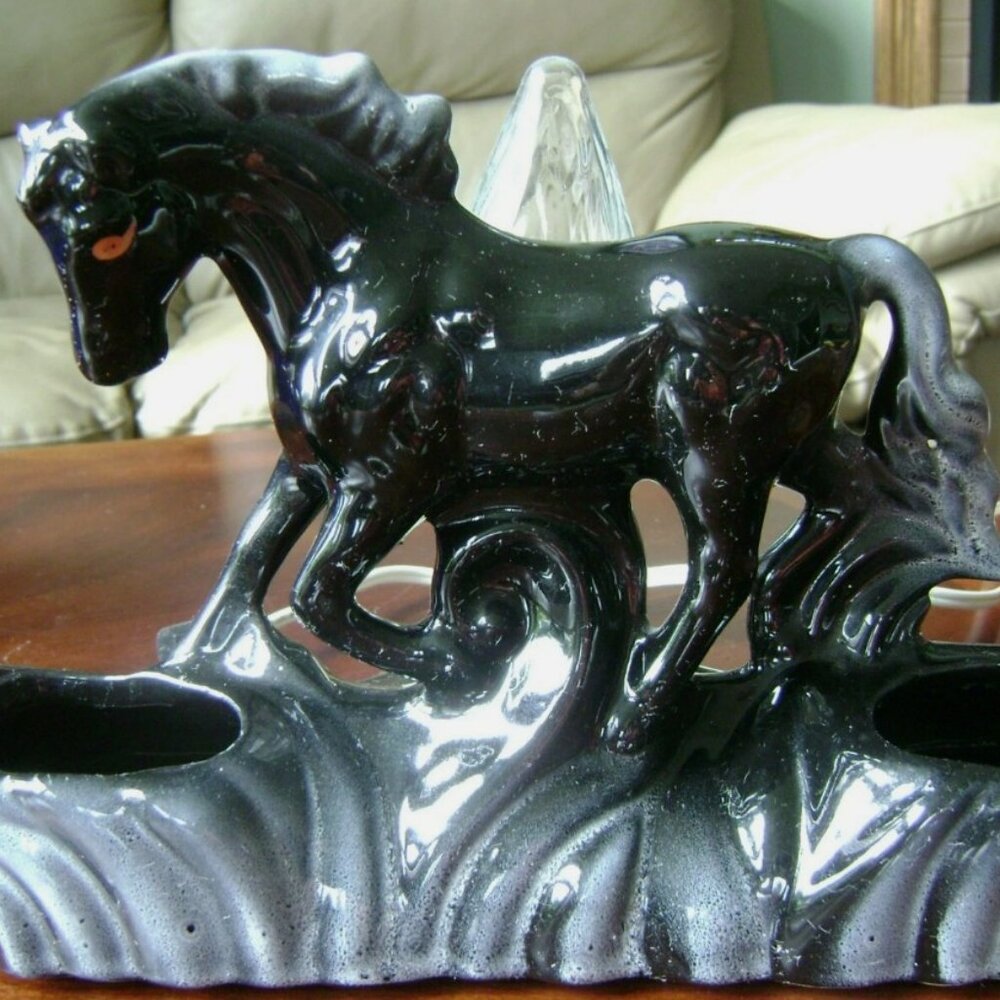 Vintage MCM 1950s Black Gray Horse Planter Accent TV Table Lamp
